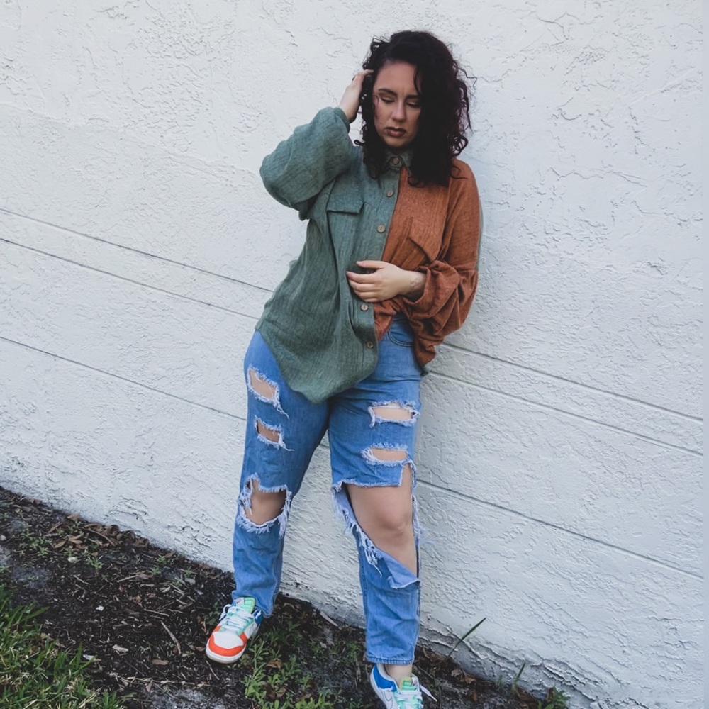3x Plus Size Colorblock Button Down Shacket